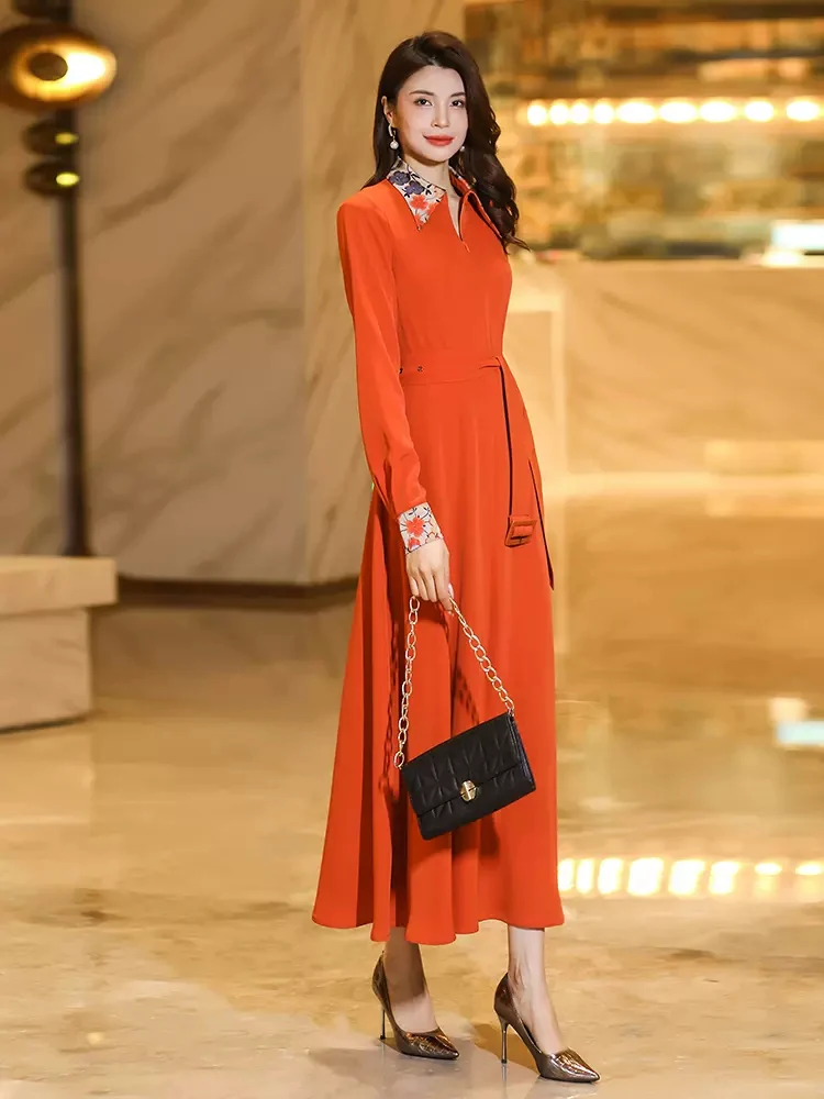 New Women Spring Autumn Mid-Calf Dress Fashion Print Patchwork Long Sleeve Slim Dress Elegant Exquisite Orange red Long Dress