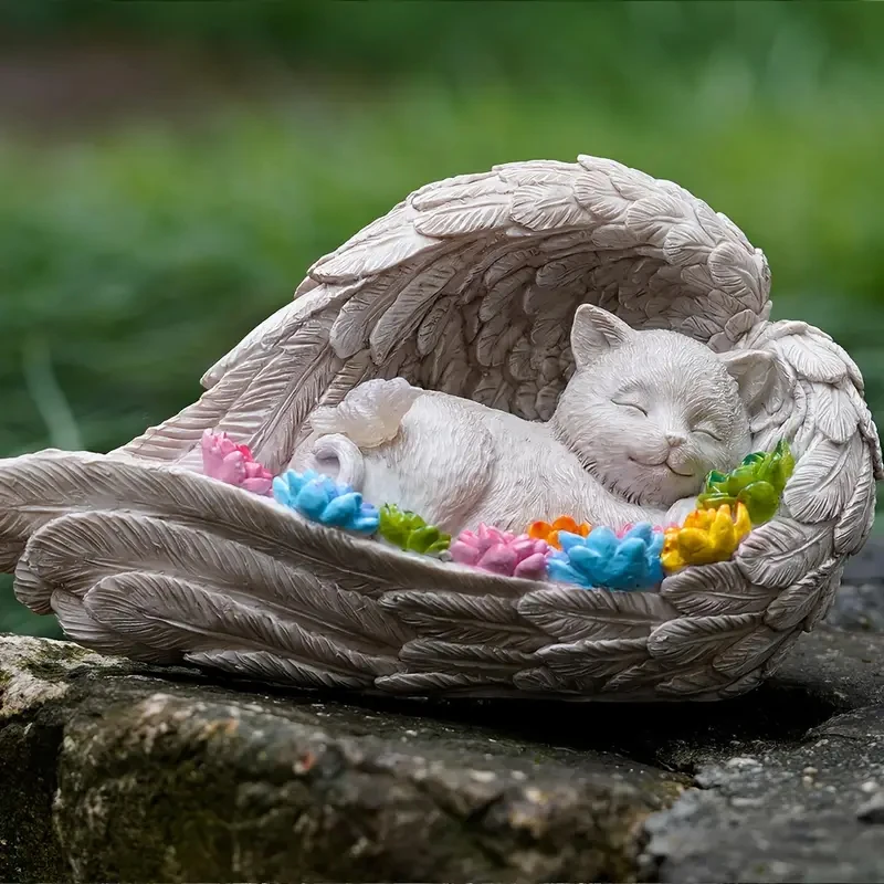 Angelic Puppy Memorial Resin Statue, Sleeping Dog/Cat in Angel Wings - Loving Memory Pet Memorial Stone for Dog or Cat