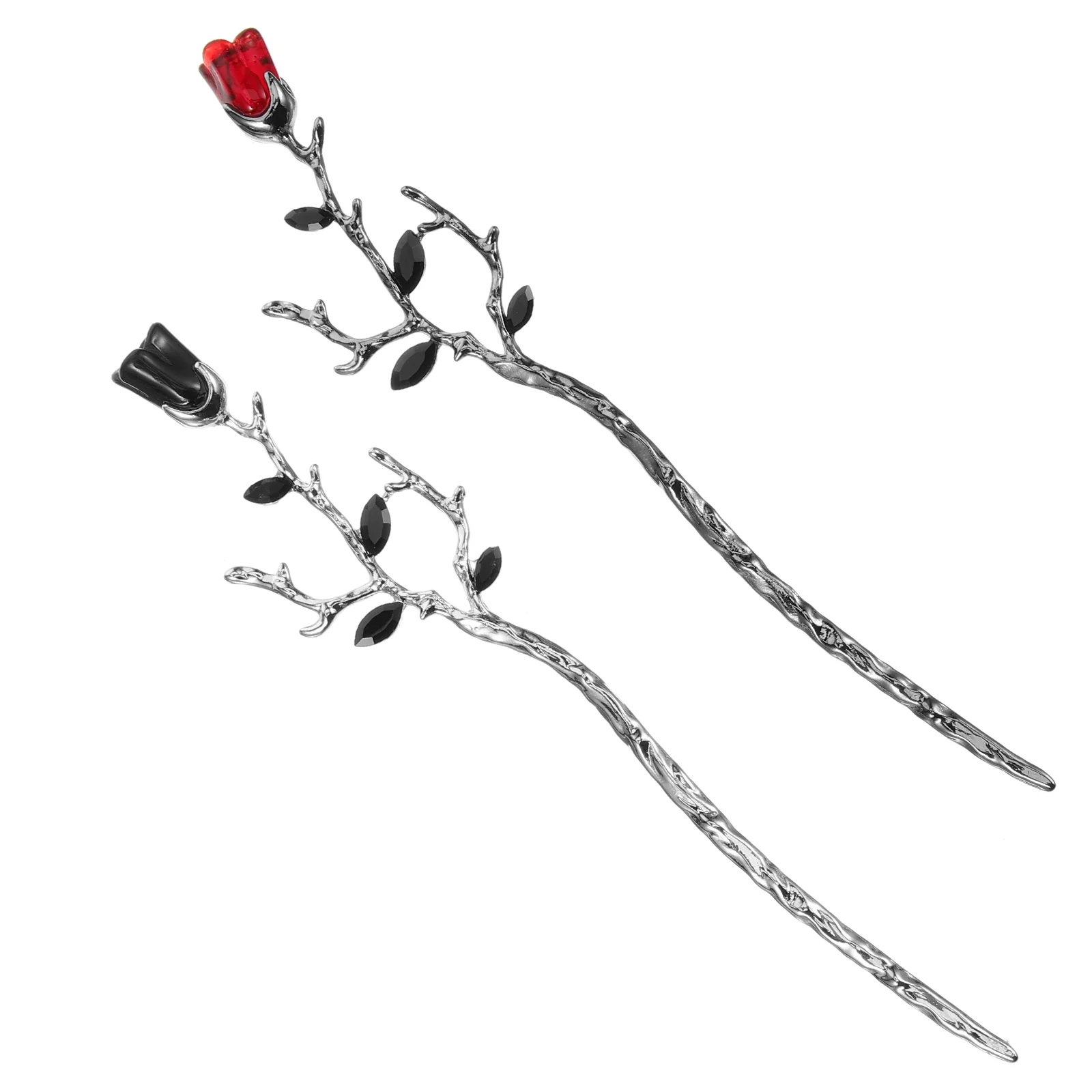 2 Pcs Rose Branch Hairpin Bun Sticks Flower Chopstick Holder Women for Buns Silver Clips Pins