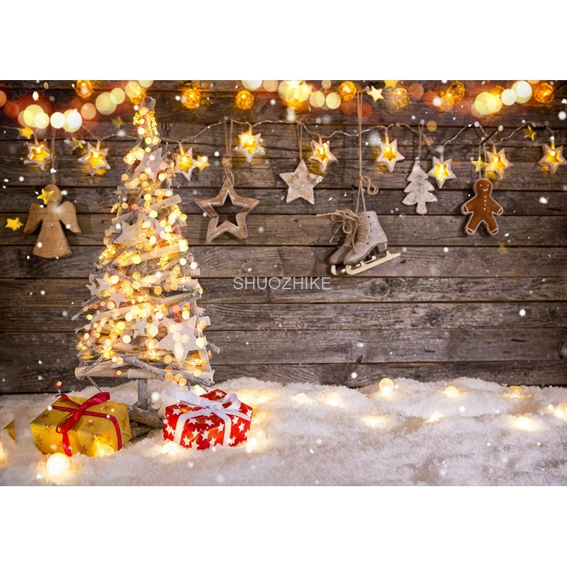 Shuozhike-クリスマスの木の板のテーマ写真の背景、雪だるまの背景、写真スタジオの小道具、MMSD-03