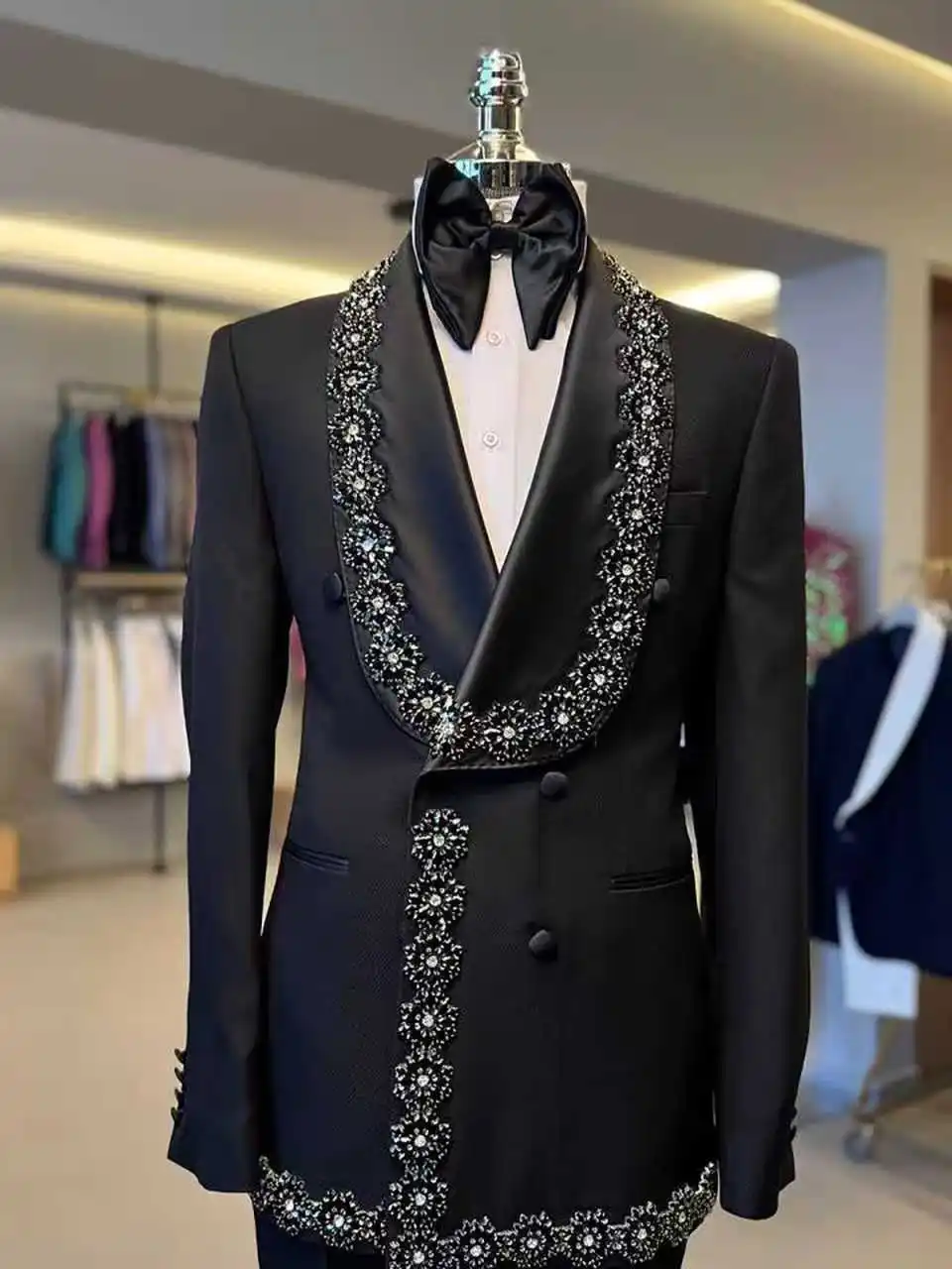 

Luxury Crystals Men Suits 2 Piece Blazer+Pants Black Cotton Wedding Tuxedo Prom Coat Custom Made Formal Office Jacket Trousers