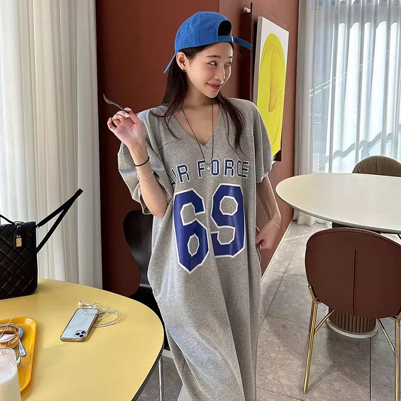 Laid-ba Sle lettre imprimée ort Sve Dr femmes été nouveau t-shirt ample décontracté jupe longue Version coréenne ample...