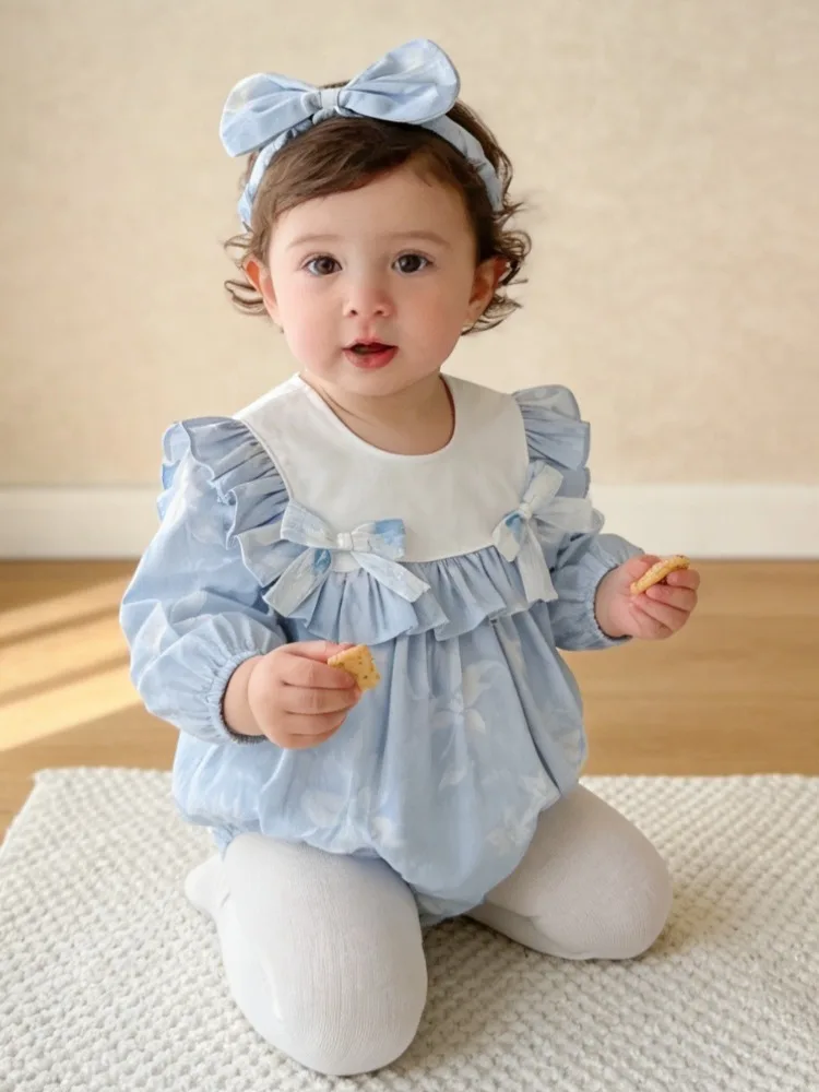 Cute baby clothes women's treasure sweet bag fart clothes blue bow Full Sleeve dress girls' spring princess clothing Rompers