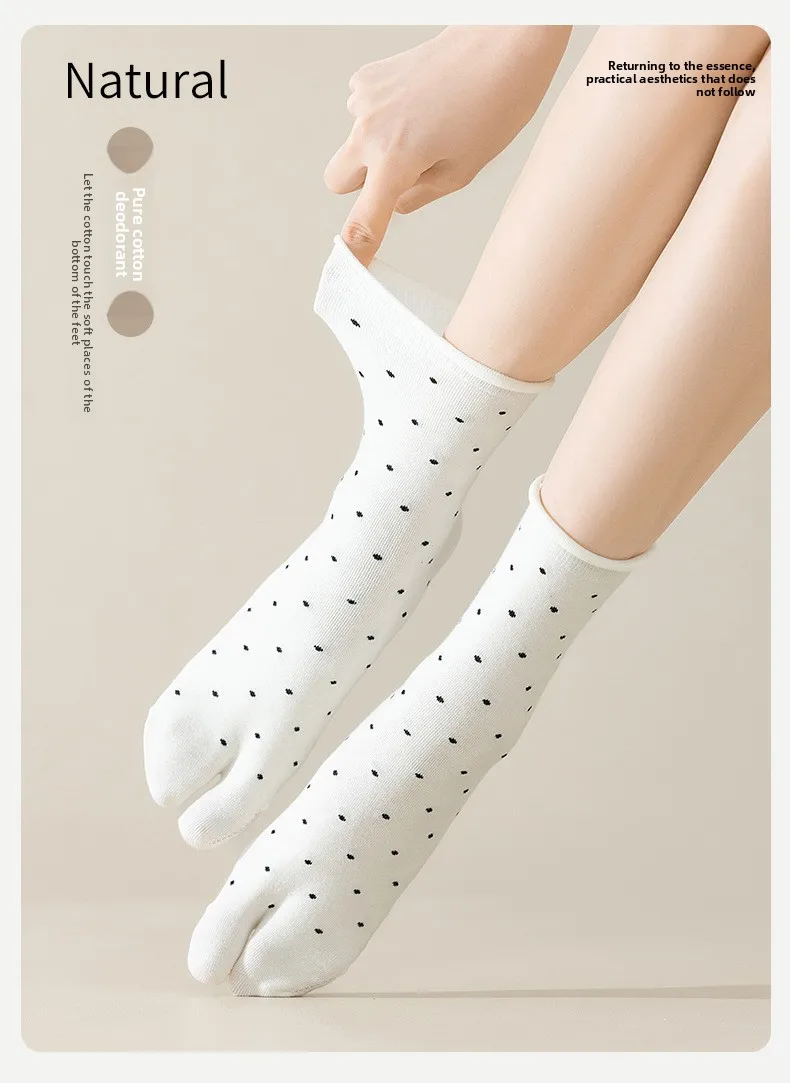 Polka Dot Tabi Zehensocken Damen Baumwolle Einfarbig Japanische Kimono Flip-Flop-Sandalen Split-Socken Mittel Schwarz Weiß Zwei-Zehen-Socken Finger – Detail 1