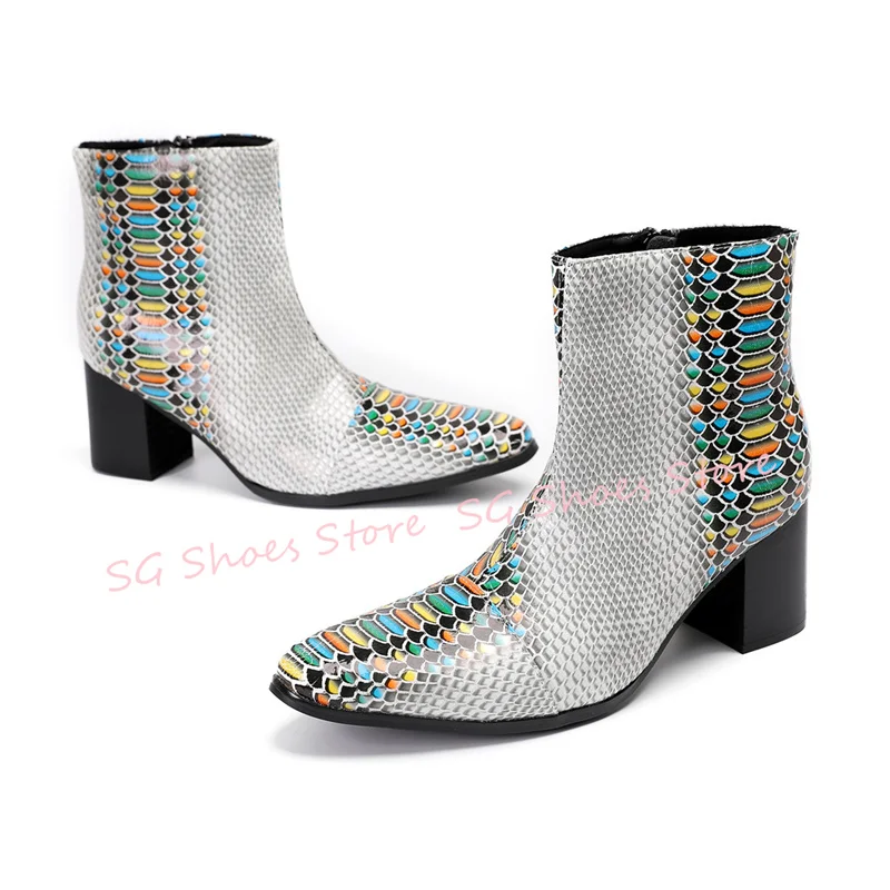 

Wedding Party Dress Shoes for Men Mixed Color Snake Pattern 7cm High Heel Male Boots Round Toe Chunky Heel Mid-calf Boots