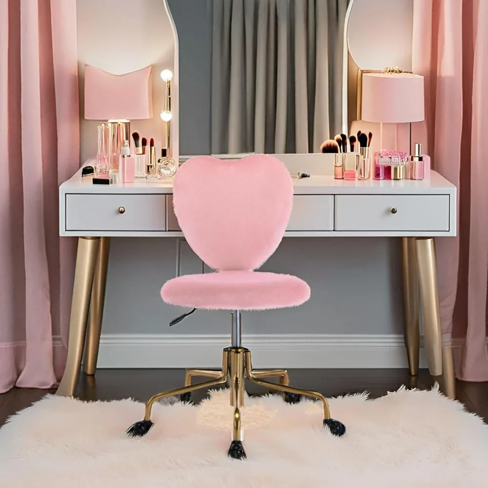 كرسي مكتب مخملي لطيف على شكل قلب وردي مع عجلات قابل للتعديل بارتفاع دوار كرسي زينة بدون ذراع منجد #1