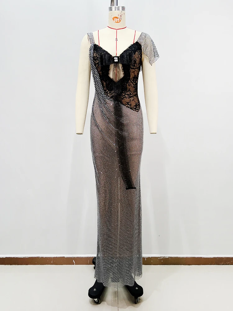 Luxuriöses Kristall-Mesh Maxikleid Damen Sexy V-Ausschnitt Transparentes Strass-Abendkleid Schwarzer Spitzenbesatz Bodycon Formelles Party-Ballkleid