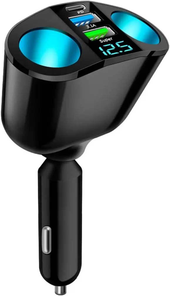 

Разветвитель автомобильного прикуривателя, 2 розетки со светодиодным вольтметром, быстрое зарядное устройство с двумя USB QC3.0 и Type-C 20 Вт PD, 12 В/24 В для телефона GPS