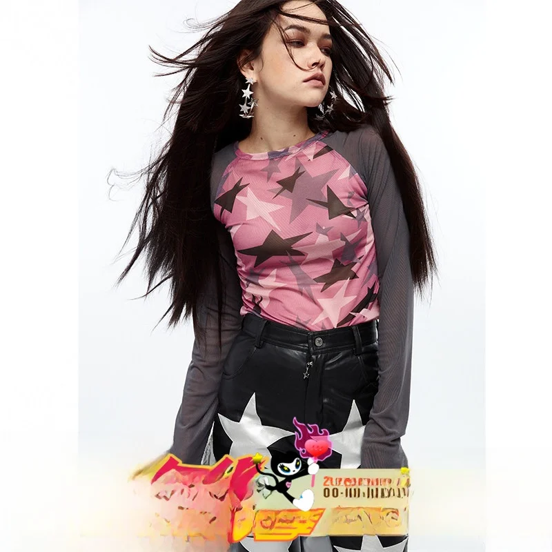 

Quorra S Chord Original Star Print Me High Elastic oulder Insert Long Sve round Ne Base Top T irt Women's Faion