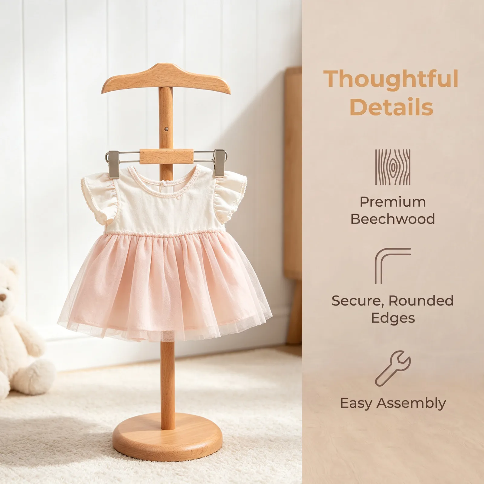 Adjustable Height Baby Clothes Display Stand Wooden Kids Clothing Rack Beech Wood Toddler Clothes Holder Baby Shower Clothing view 2