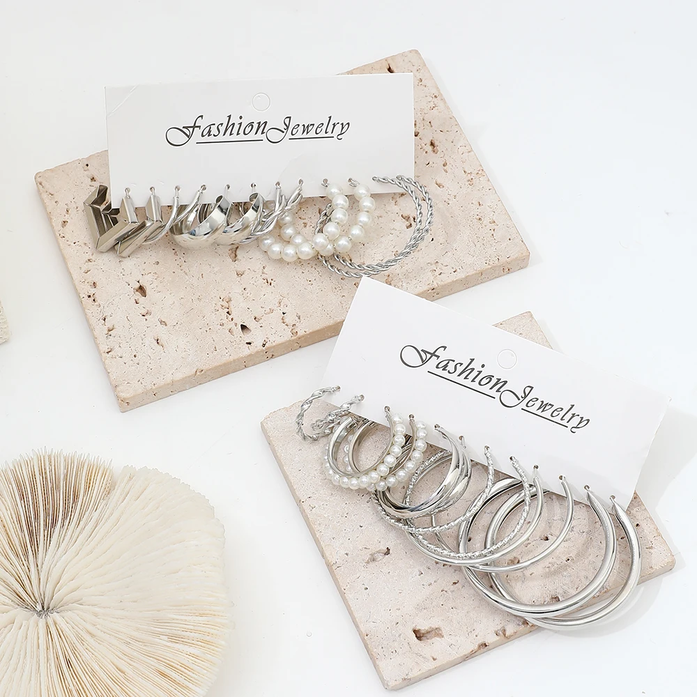 24Pcs/Set New Retro Imitation Pearl Multi-Element Hoop Simple Metal Circle Geometric Twist Women\'s Earrings Birthday Gift