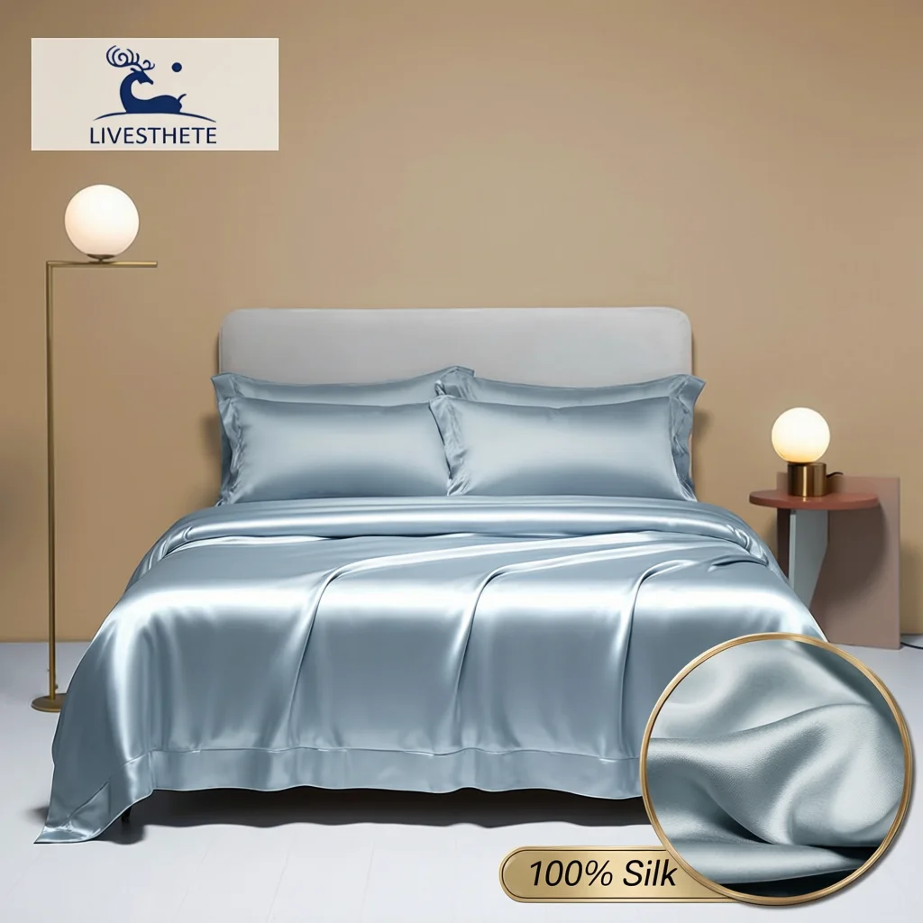 Liv-Esthete Noble 100% Silk Bedding Set Blue Gray Summer Duvet Cover Pillow Case Bed Sheet Quilt Cover Double King Queen Sets
