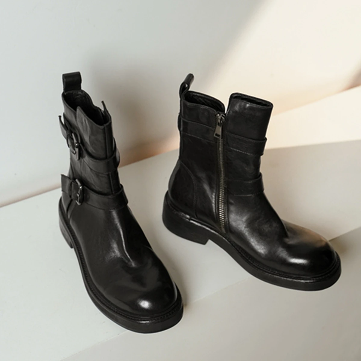 

Jenny&Dave 2026 British Minimalism Vintage Washed Cowhide Motorcycle Boots Women Fashion Girls Black Flat Ankle Shoes Boot Women