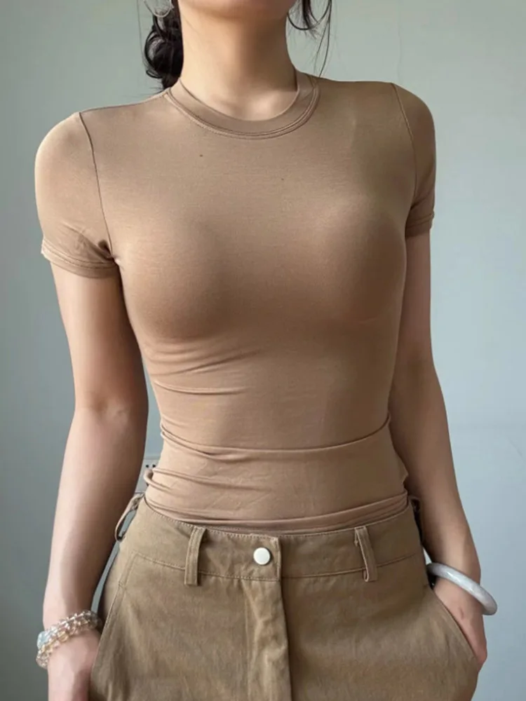 

Женская повседневная футболка Slim Fit однотонная с коротким рукавом, модный тренд Y2K, высокое качество, новинка 2025 года