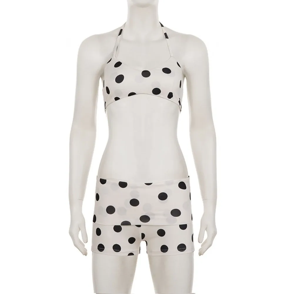 Casual Halter Neck Sling Bikini Suit Boxer Shorts Lace Up Swimwear Set Slim Fit Ruffled Polka Dot Swimsuit Hot Girl