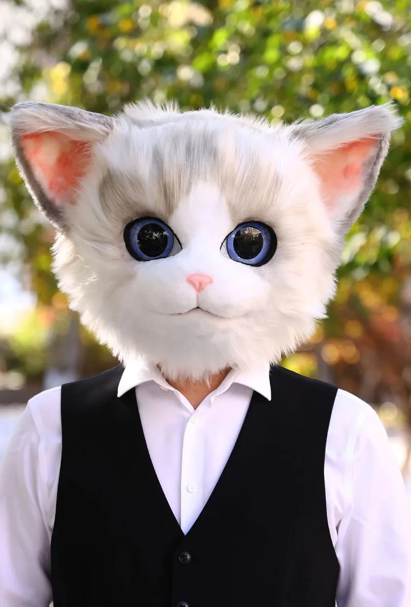 Handmade Furry Cat Mask Kigurumi Cosplay Anime Persian Cat Fursuit Head Furry Head Mask Kig  Halloween Performance Prop Kid Gift