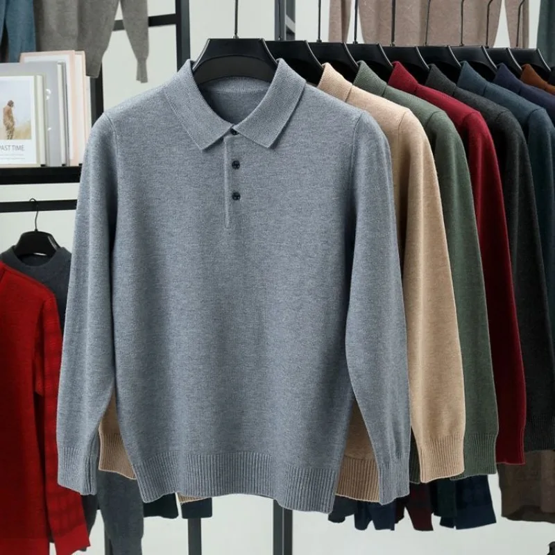 Men's Lapel Knitted Pullover, Solid Color Warm Casual Sweater For Middle Aged Dad Autumn Winter