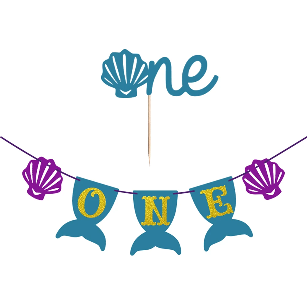 

2PCS Birthday Cake Decorations Topper Set Mermaid Bunting Kids Party Supplies Banner Hat Room Wall Window Table