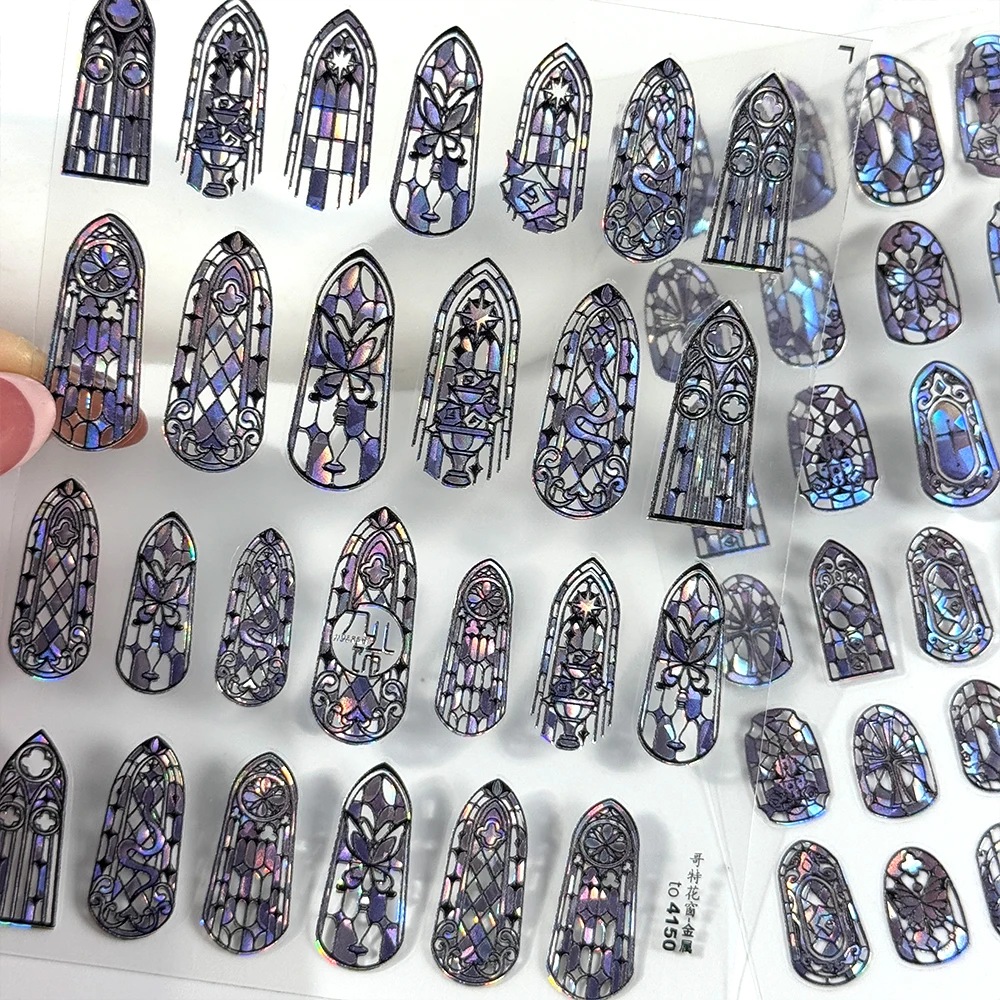 

1Pcs 5D Aurora Rococo Flowers Window Nail Sticker Fantasy Butterfly Geometric Frame Stamp Embossed Nail Stickers Manicure Decals