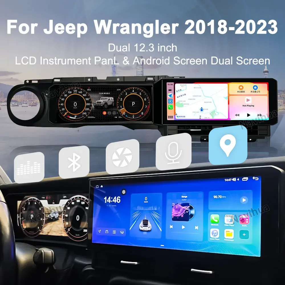 12.3 Inch Dual Screen For Jeep Wrangler JL 2019 2023 Multimedia Android Car Radio Head Unit Monitor Digital Cluster Dashboard