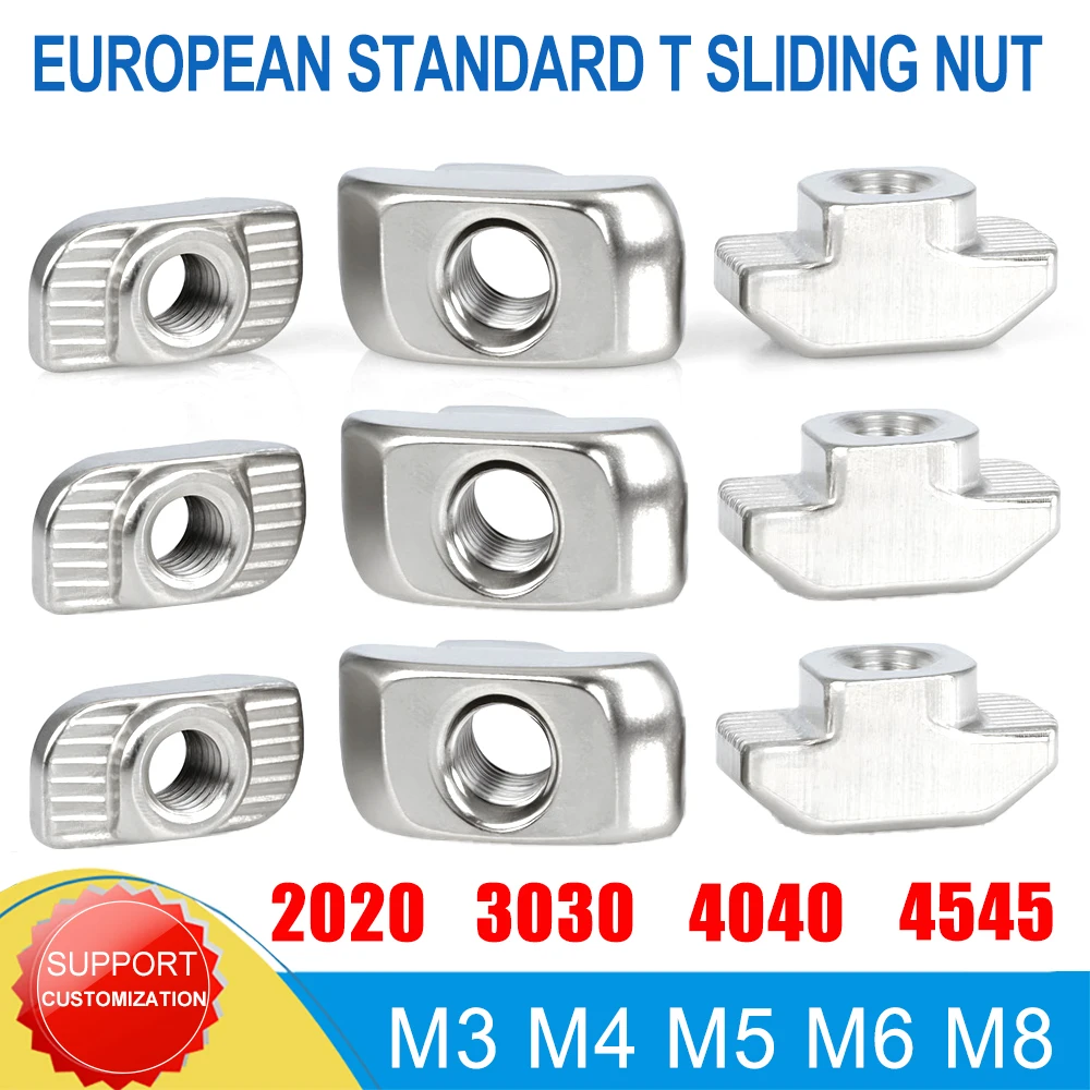 Connecteur d'écrous à fente de fixation en T M3 M4 M5 M6 M8, nickelé pour 20 30 40 45 EU, profil d'extrusion d'aluminium, tête de marteau, écrou en T