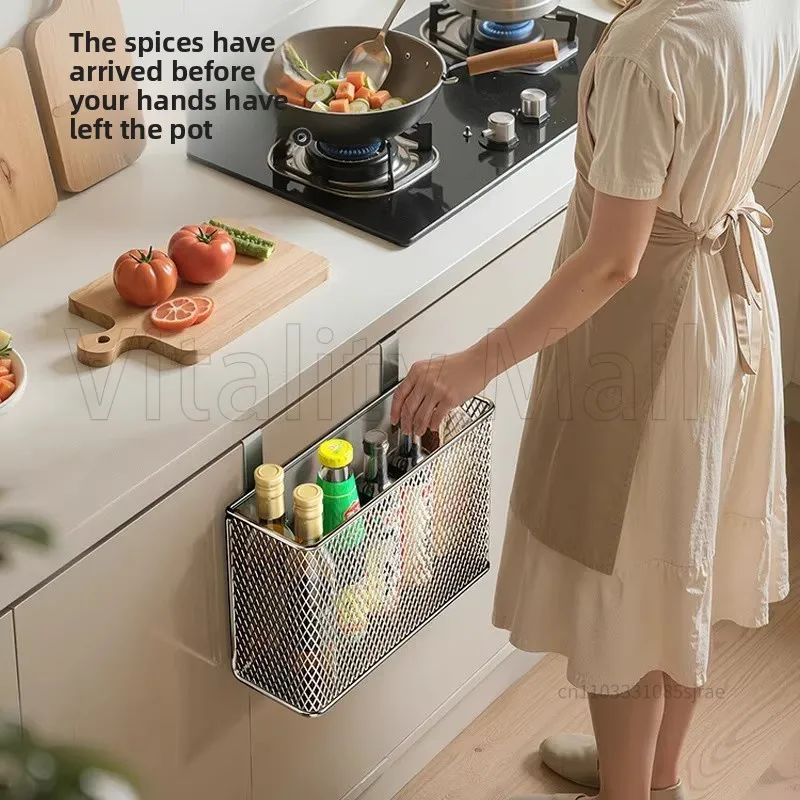 

Кухонная полка для приправ, подвесная стойка, подвесная корзина с дверью шкафа, резервуар для соли приправ, корзина для хранения без перфорации