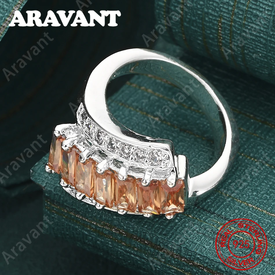 925 Sterling Silver Square Orange Zircon Ring - Everyday Accessory For Women, Simple And Elegant Jewelry