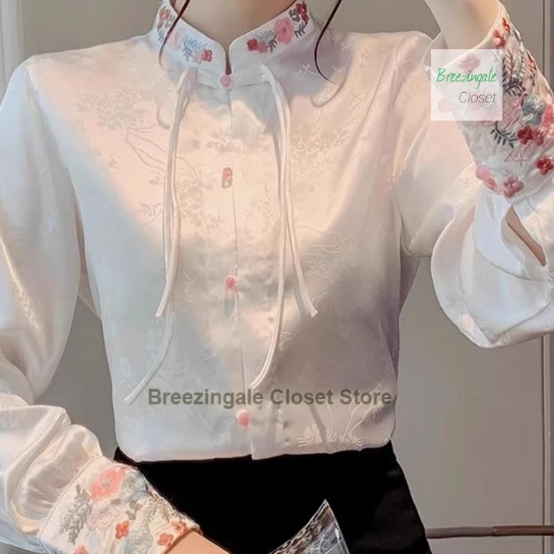 New Chinese style long sleeve retro style buckle collar shirt women's spring new fashion temperament blouse embroidered blouse