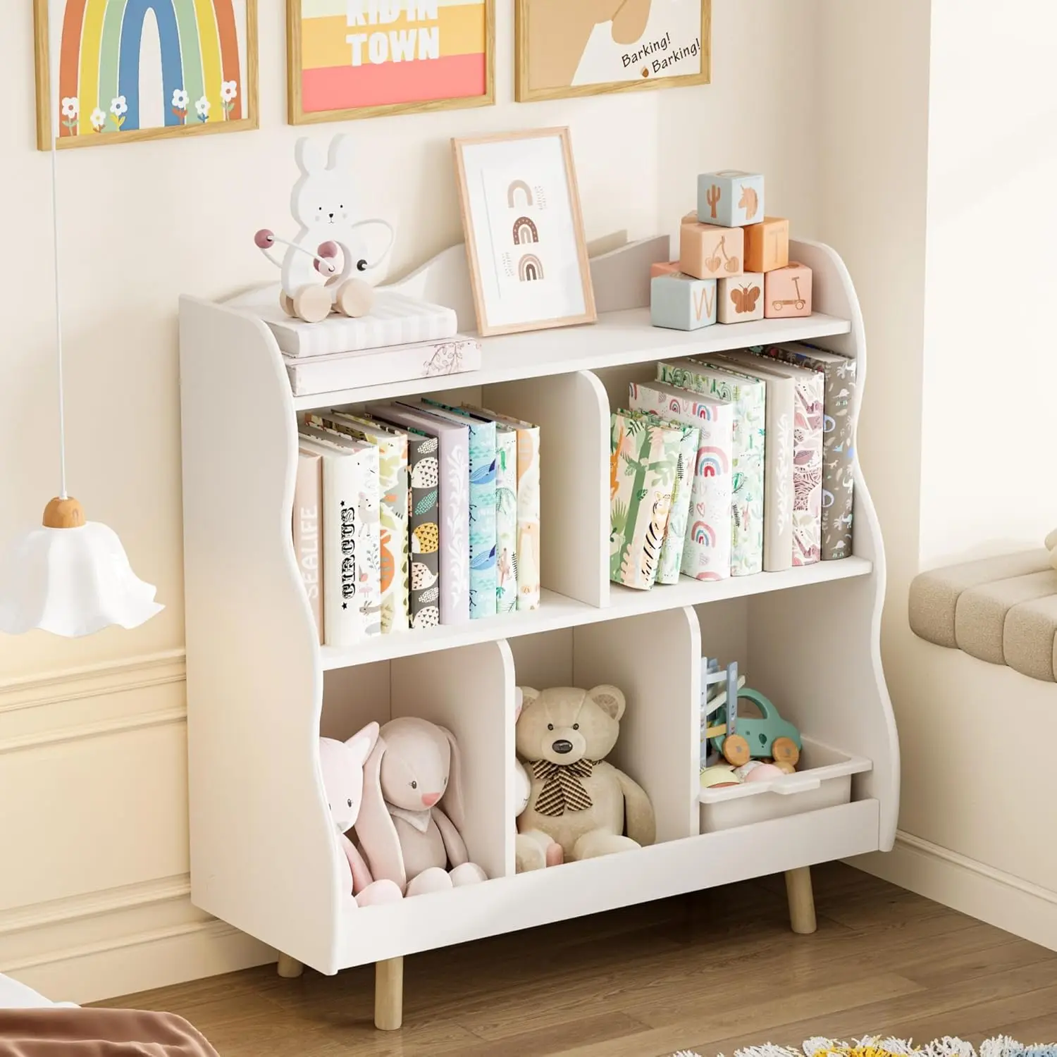 

Kids Bookshelf and Toy Storage Orangizer, 3-Tier Wooden Children's Bookcase with Curve Design, 5 Cubbies Toy Storage Cabinet Dis