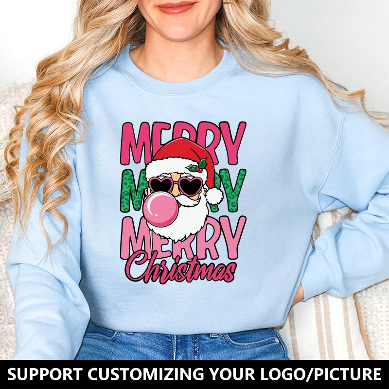 سويت شيرت Cute'Merry Merry Christmas'Santa قابل للتخصيص، بلوفر مريح بأكمام طويلة، مثالي للتجمعات الاحتفالية وأحداث عيد الميلاد
