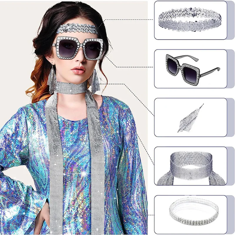 70er Jahre Frauen Disco Hippie Kostüme Accessoires Halskette Ohrringe Brille, 60er 70er Jahre Geburtstags feier Outfits, 1970s Abschluss ball Bling Dekor