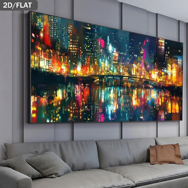 

2D/Flat Modern Urban Nightscape Canvas Wall Art - Frameless Abstract City Lights Reflecting Canvas Prints for Living Room Decor