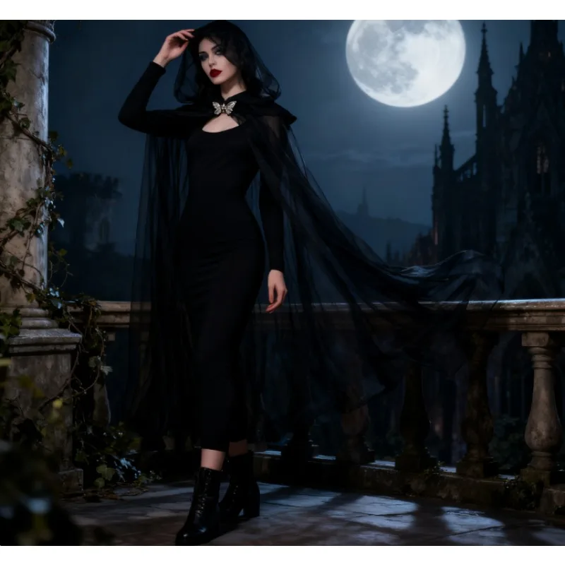 Peleryna Wampirzej Panny Młodej Gotycki Woalkowy Płaszcz z Kapturem w Kolorze Czarnym/Czerwonym/Białym