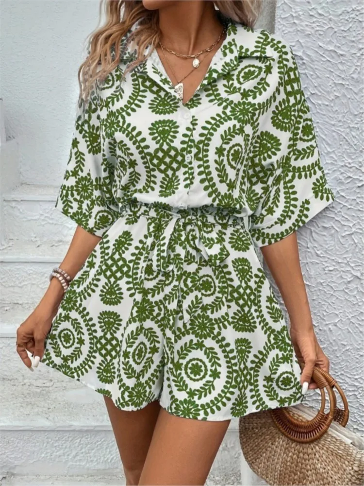 

Lady Print Boho Jumpsuit Fashion Beach Holiday V Neck Short Sleeve High Waist Jumpsuits For Women Summer Vintage Womens Clothing
