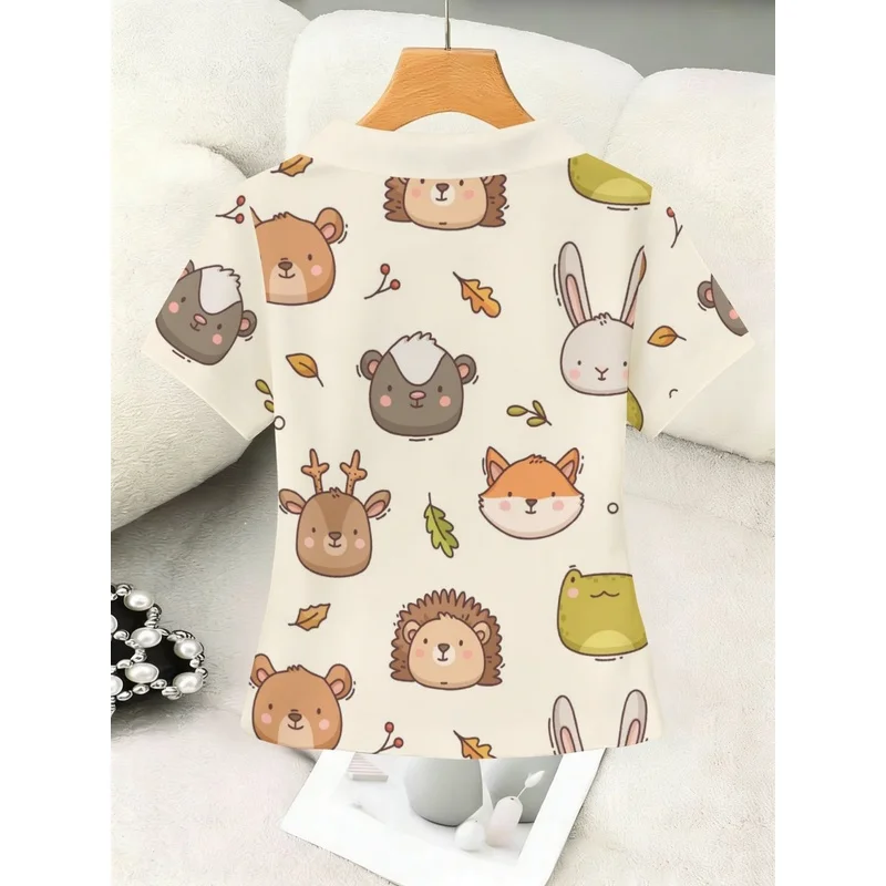 Women's stylish, versatile, button-free top featuring a cartoon land animal collage print—perfect for casual wear.