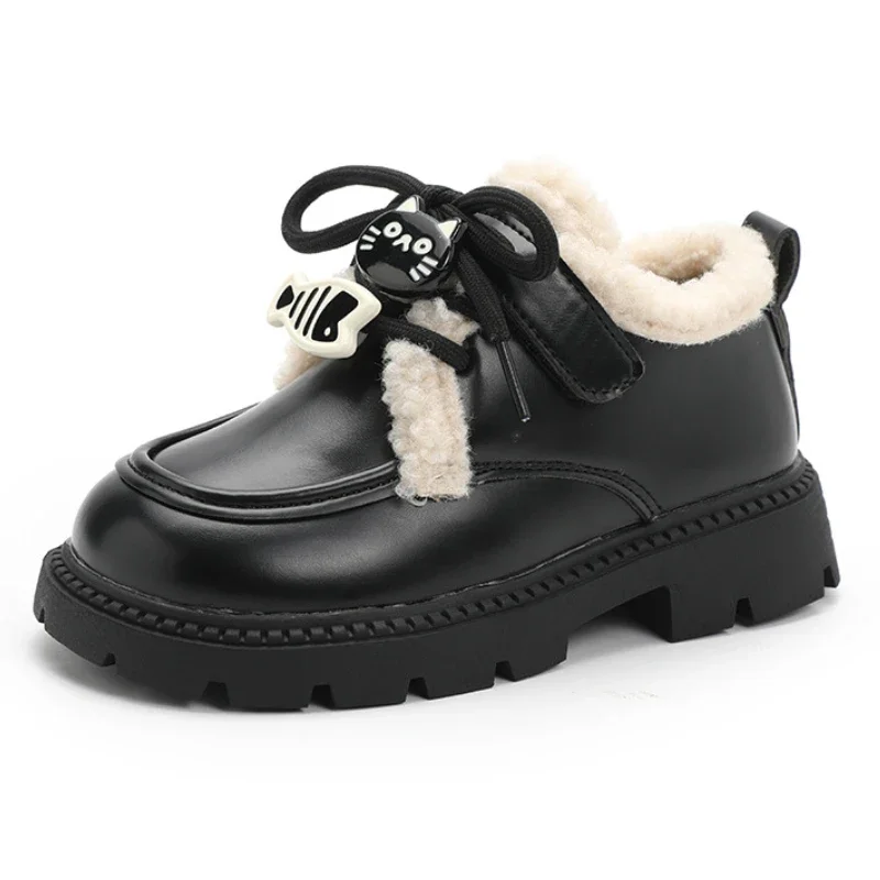 Girls' Casual Cotton Shoes 2024 New Winter Warm Children's Princess Leather Shoes Plush Insulation Baby Girls' Loafers