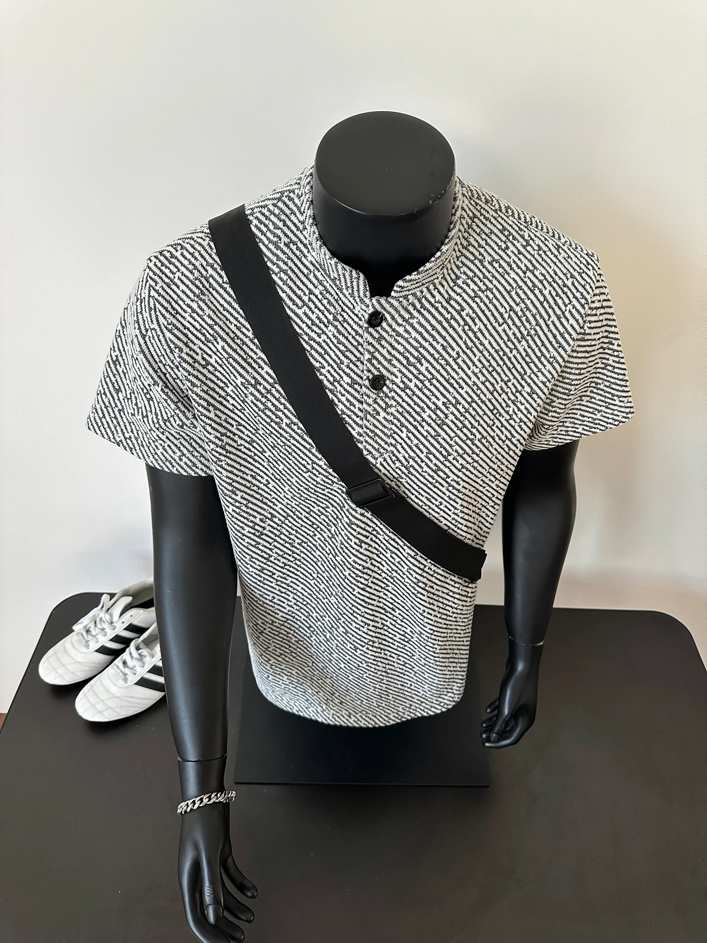 Zebra Stripe Henry Collar ort Sve T-irt Men's Summer New Faion Heavyweight f Sve Body irt f High Ne Top