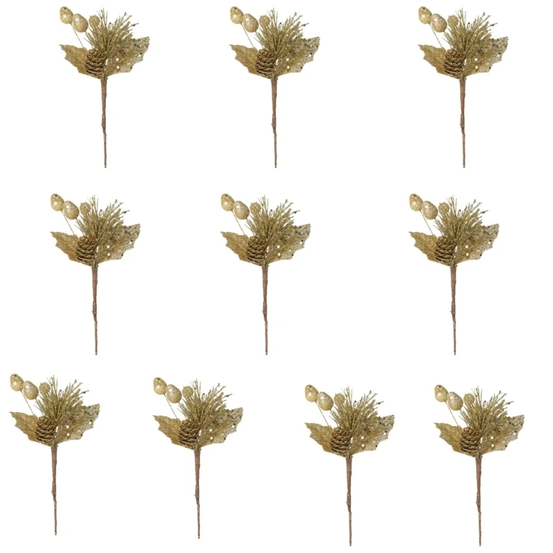 KX4B Paquete 10 decoraciones ramas con tallos bayas navideñas doradas y brillantes para jarrones árboles