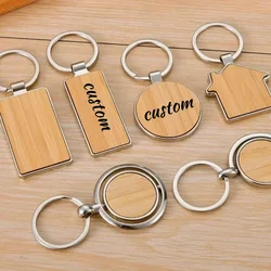 Laser Engrave Custom LOGO Bamboo Metal Wooden House Keychain Blank Personalize Rotate Opener Wood Key Chain House Keyring Gift