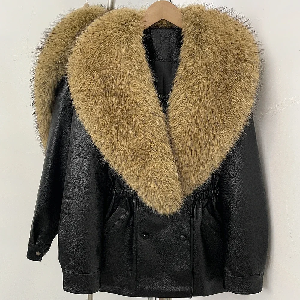 OFTBUY Kurze Freizeitjacke mit Kordelzug am Bund, Damenjacke aus Kunstleder mit Kunstfellkragen, neue, luxuriöse, warme, dicke Winterjacke. – Detail 9