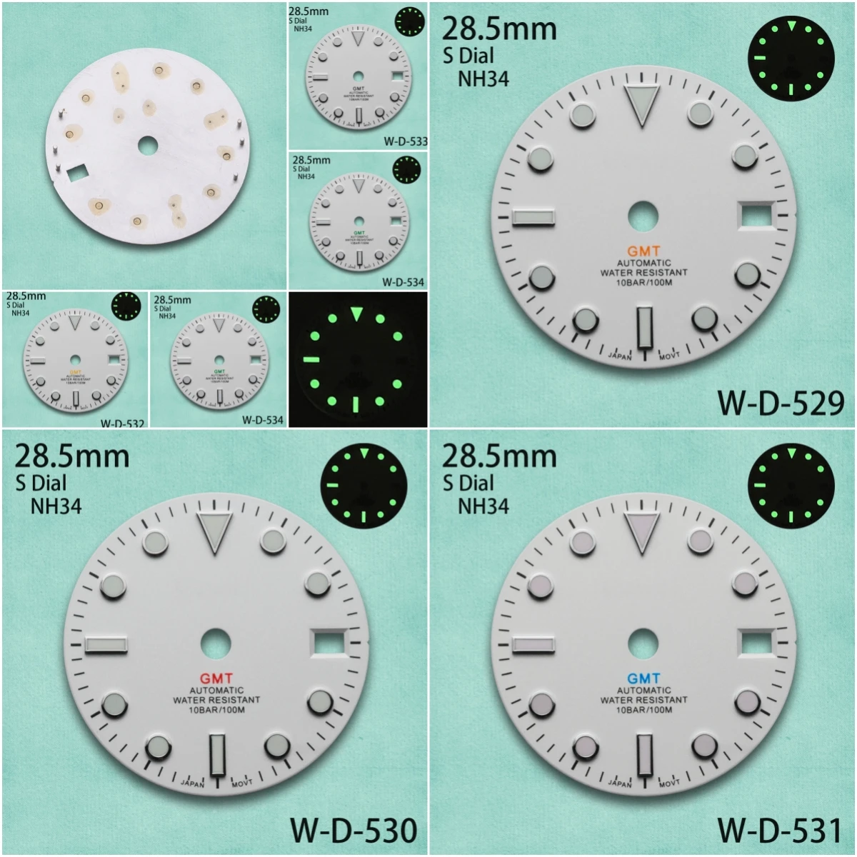 

28.5mm S Logo White GMT Dial Fit NH34 Movement C3 Green Luminous High-Quality Matte Dial Watch Modification Accessories