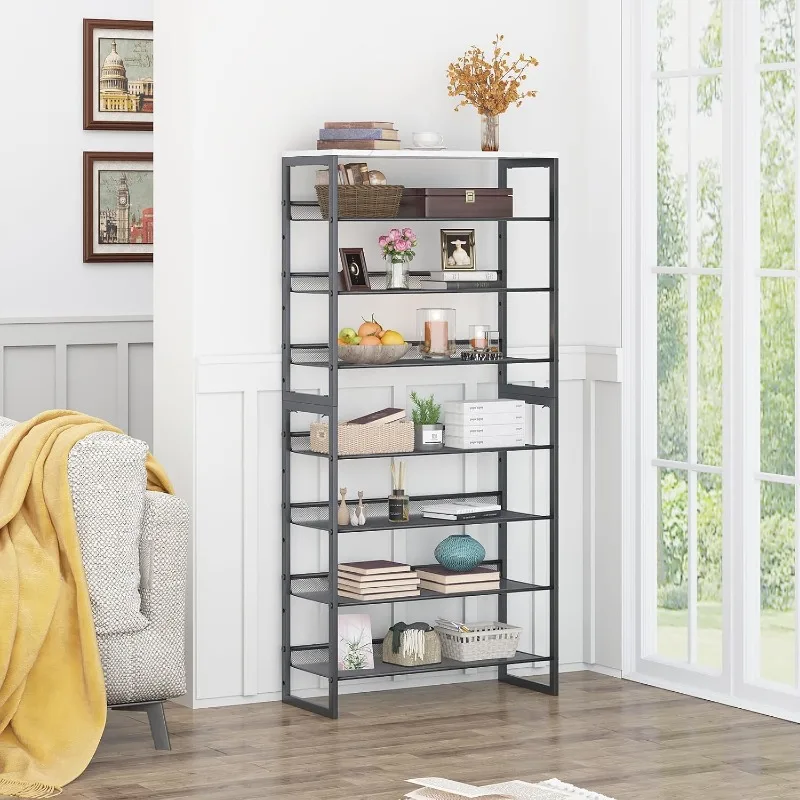 Shoe Rack 8 Tiers Shoe Storage Organizer,Large Capacity Storage Rack with White Tabletop,Adjustable Metal Shelf Sta