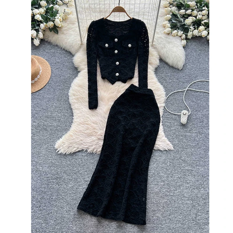 Spring Autumn French Lace Half Skirt Set for Women Square Collar Single Breasted Lace Top Fish Tail Skirt Two Piece Set S326