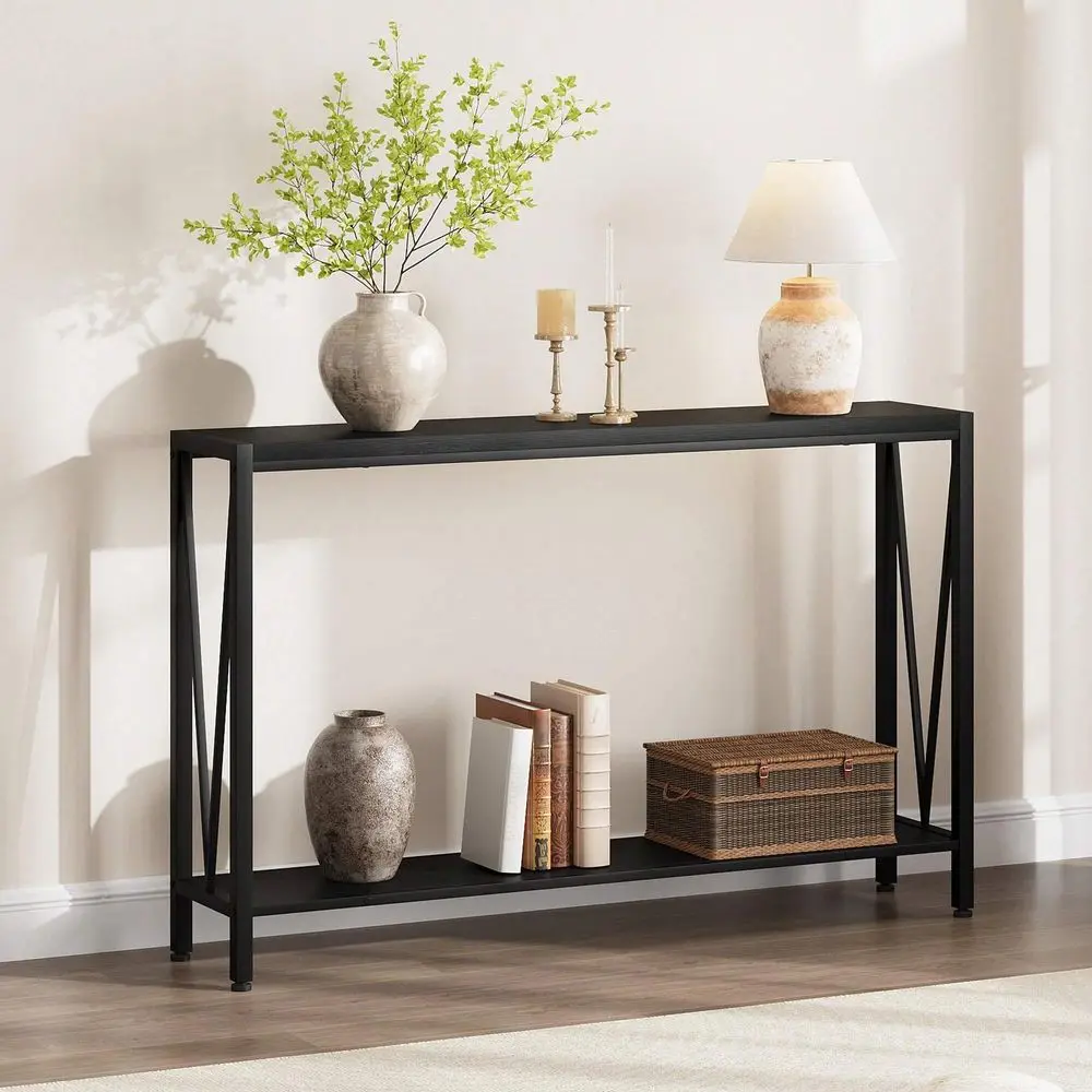 

2Tier Console Table With Storage Shelf, XShaped Design, Sturdy Construction, MultiFunctional, DirtProof Coating Black RetroGrey