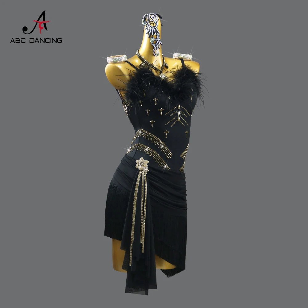 فستان رقص لاتيني فتاة الملابس الأمريكية مرحلة حفلة موسيقية أزياء سوداء 2025 أطفال قاعة الرقص مهدب دعوى المرأة أداء ملابس رياضية