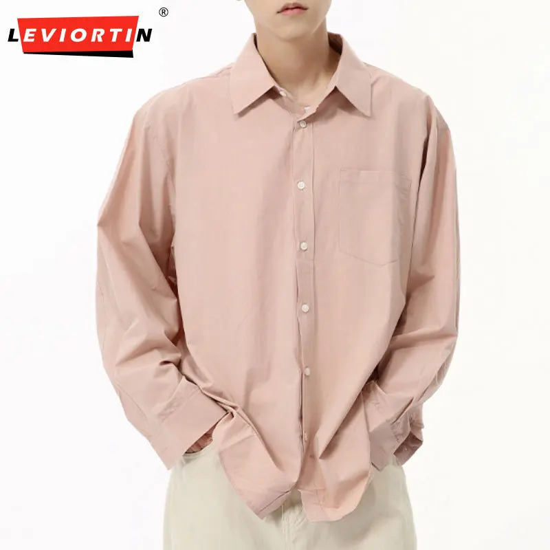 

LEVIORTIN Basic Simple Collar Long Sleeve Casual Shirt Men Chic High Quality Korean Style Sold Color Chest Pocket Dress Shirt