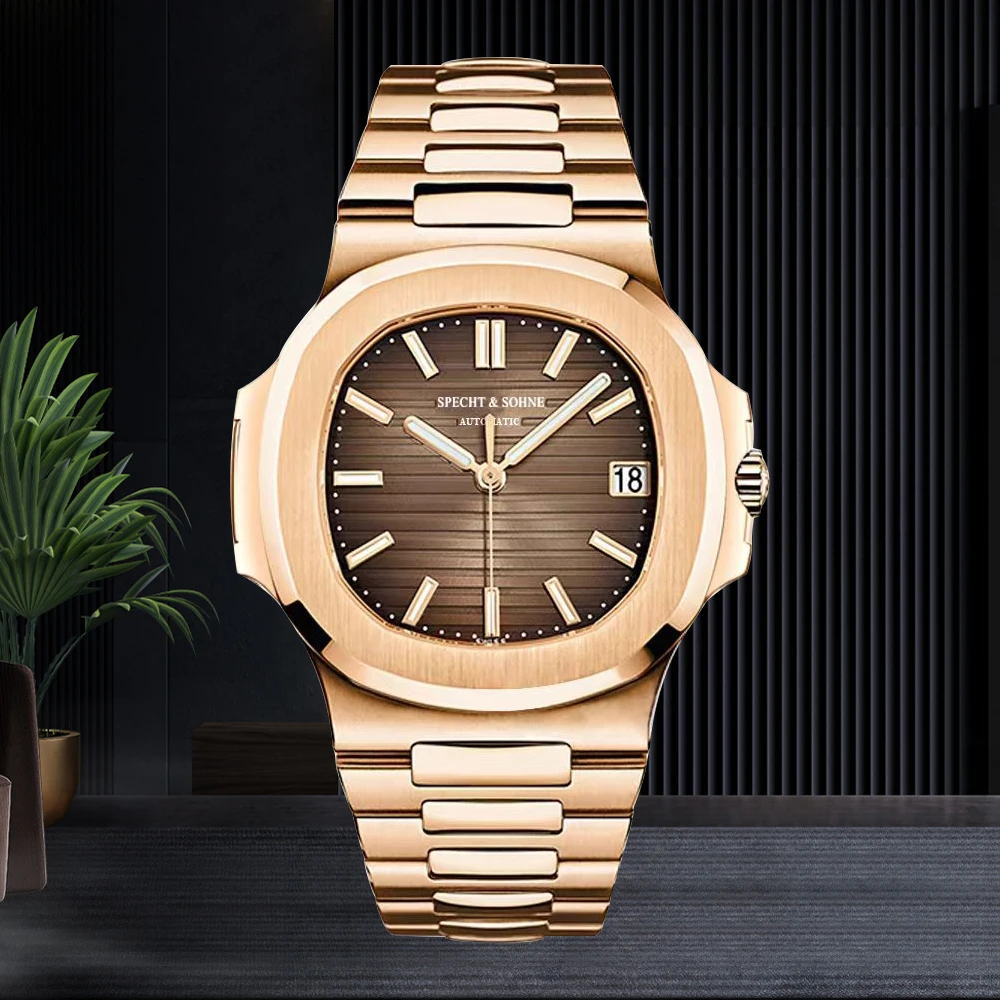 Novo specht & sohne relógios masculinos relógio mecânico japão miyota 8215 movt rosa ouro aço inoxidável clássico 5711 relógio à prova dwaterproof água