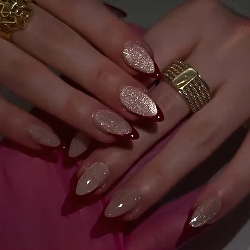 Wine Red Cat Eye Nail Art False Nails Set