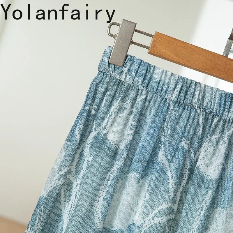 YOLANFAIRY Vintage 100% Mulberry Silk Skirts Woman 2026 Fashion Summer Split Printed Skirt Long Women Clothing Elastic Waist