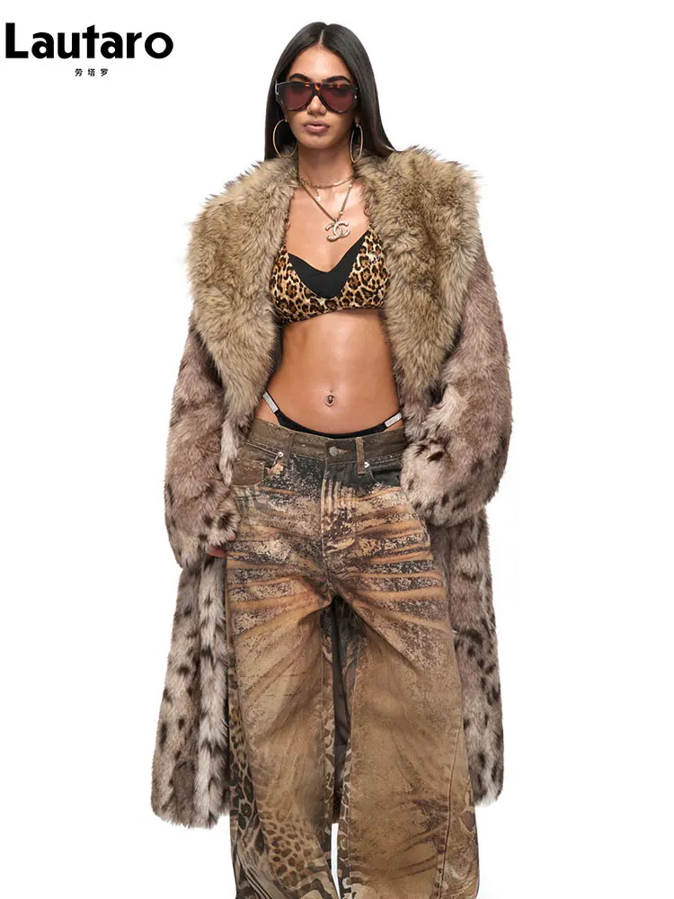 

Lautaro Autumn Winter Long Thick Warm Leopard Print Faux Fur Coat Women Luxury High Quality Elegant Chic Fluffy Overcoat 2026